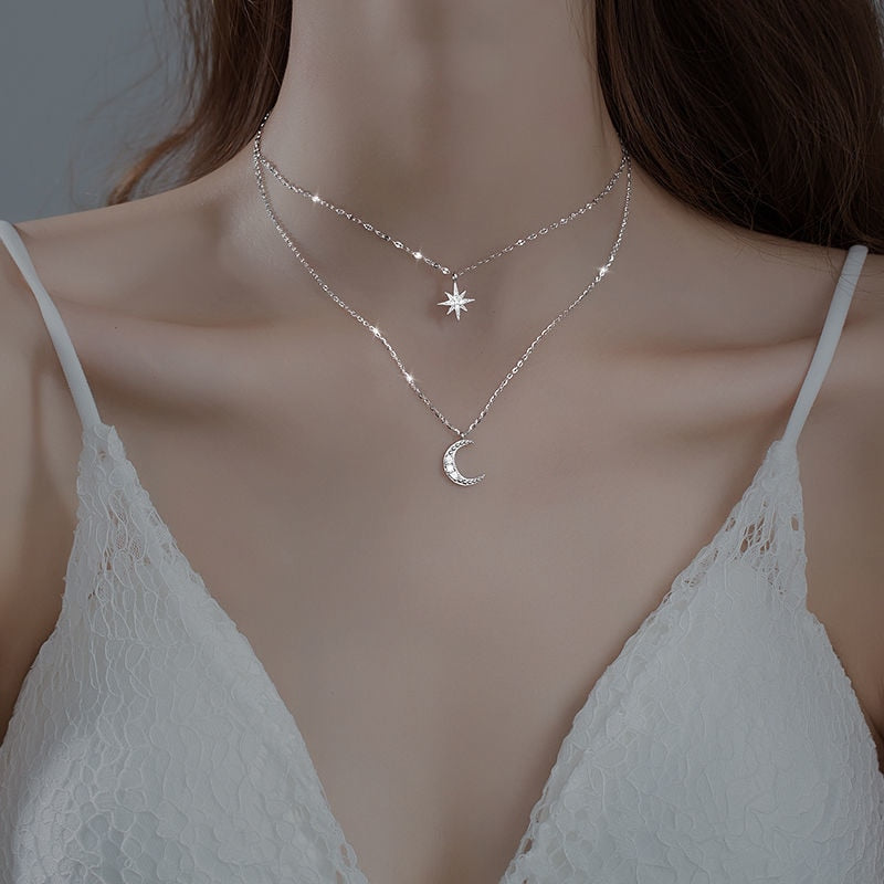 Double Moon – Silver Double Necklace with Moonlight