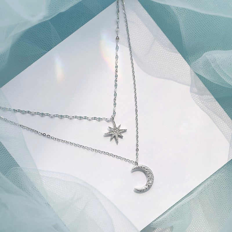 Double Moon – Silver Double Necklace with Moonlight