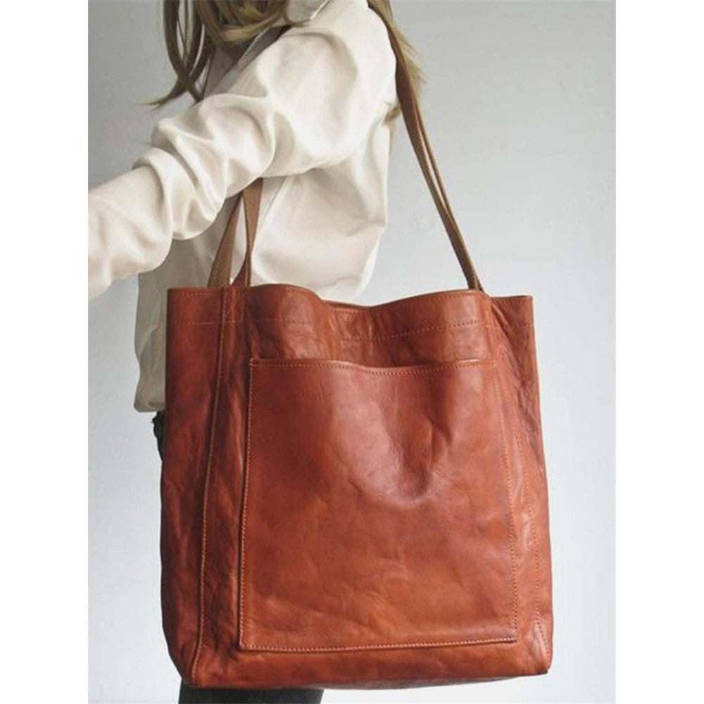 Leather Handbag with Outer Pocket - Women's Shoulder Bag