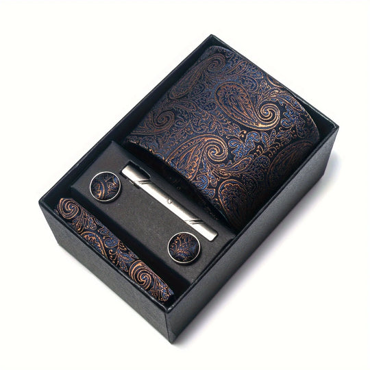 Heren Stropdas Set – Paisley met Zakdoek, Clip & Manchetknopen