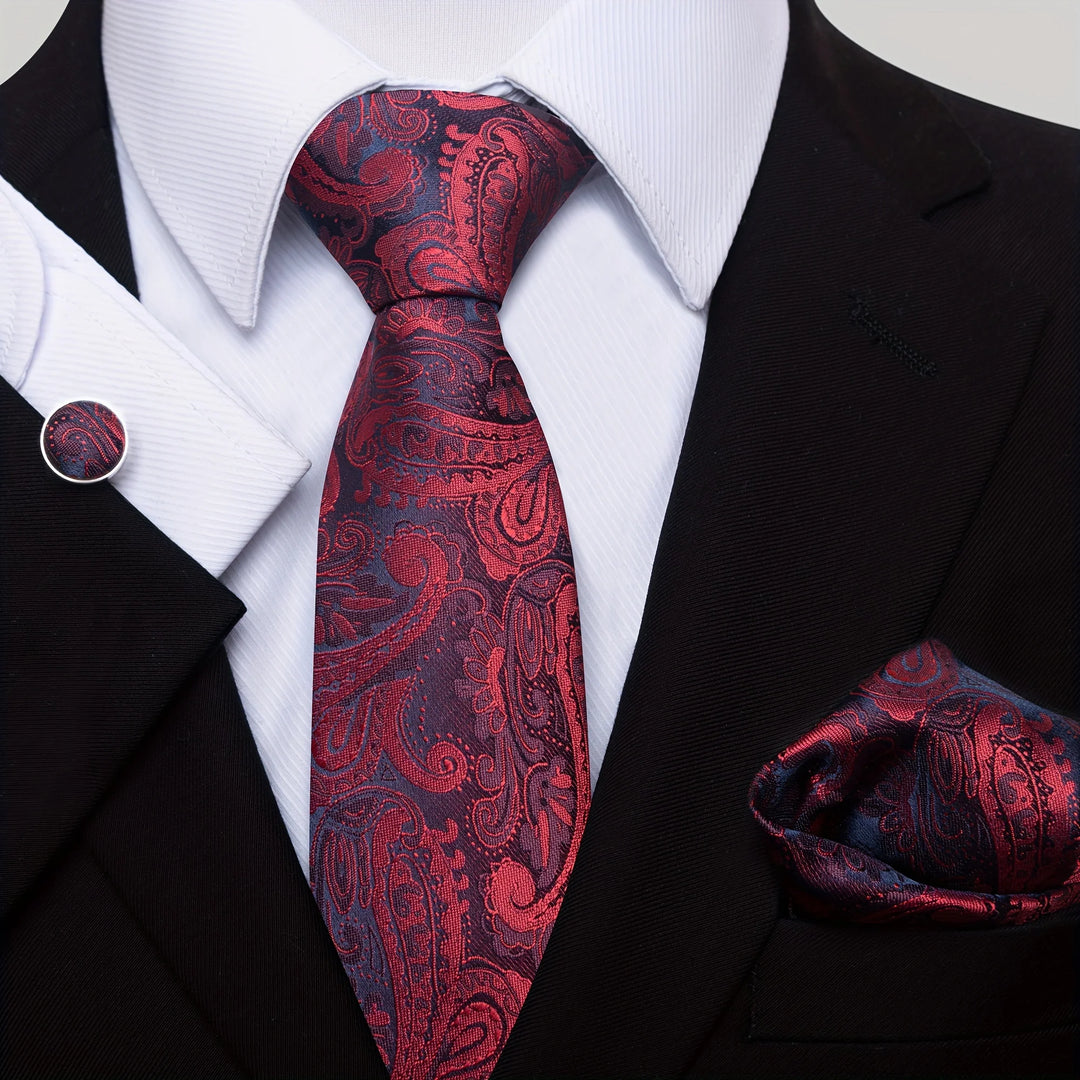Heren Stropdas Set – Paisley met Zakdoek, Clip & Manchetknopen