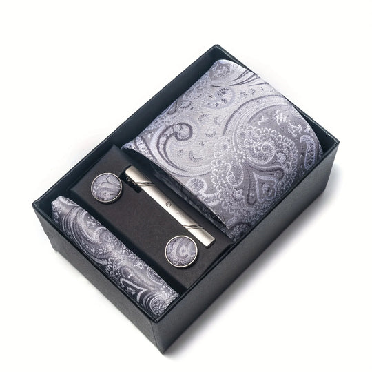 Heren Stropdas Set – Paisley met Zakdoek, Clip & Manchetknopen