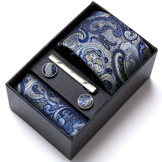 Heren Stropdas Set – Paisley met Zakdoek, Clip & Manchetknopen