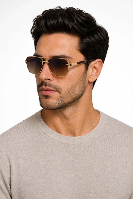 Heren Zonnebril met Vierkant Aviator Design - Metalen Montuur en Verloopglazen