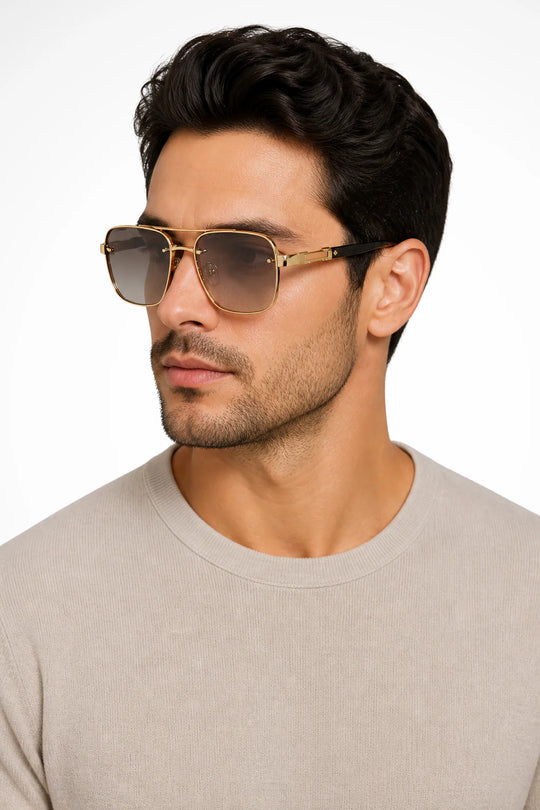 Heren Zonnebril met Vierkant Aviator Design - Metalen Montuur en Verloopglazen