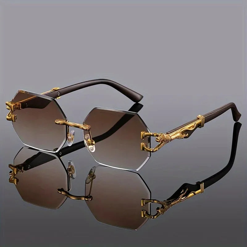 Randloze Geometrische Zonnebril Dames – Gouden Panter-detail