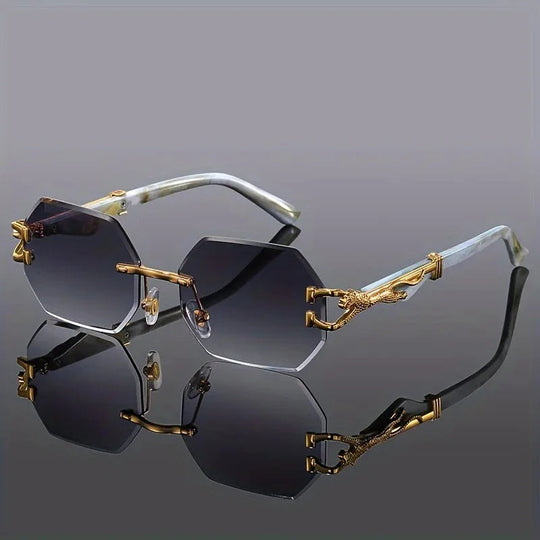 Randloze Geometrische Zonnebril Dames – Gouden Panter-detail