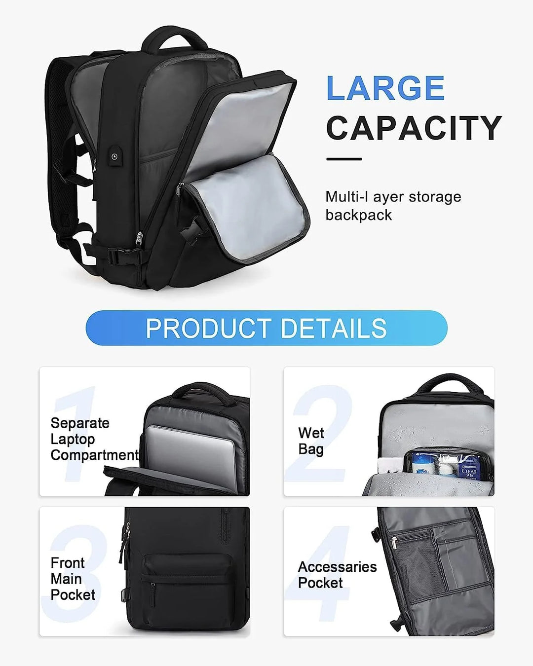 Reisrugzak 40L Waterdicht – Schoenvak, USB-poort & Laptopvak
