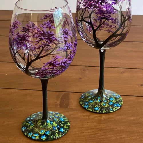 Wijnglazen Vier Jaargetijden – Handbeschilderd Boom-Design (Set)