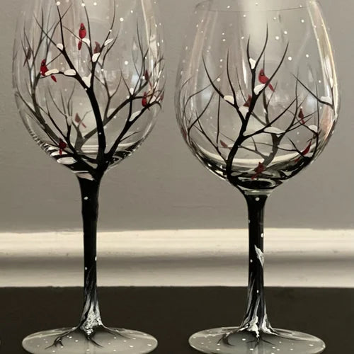 Wijnglazen Vier Jaargetijden – Handbeschilderd Boom-Design (Set)