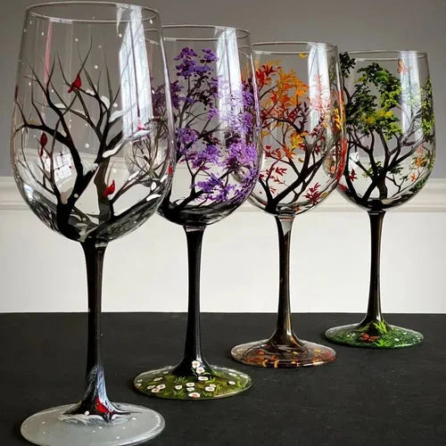 Wijnglazen Vier Jaargetijden – Handbeschilderd Boom-Design (Set)