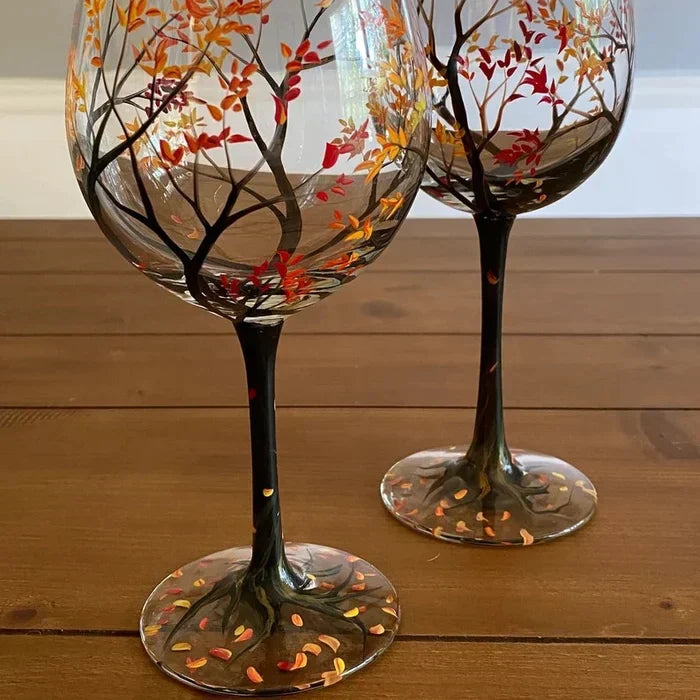 Wijnglazen Vier Jaargetijden – Handbeschilderd Boom-Design (Set)