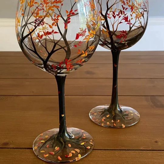 Wijnglazen Vier Jaargetijden – Handbeschilderd Boom-Design (Set)