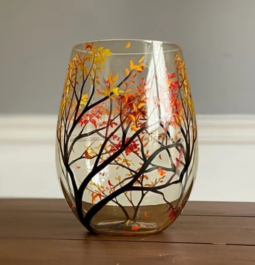 Wijnglazen Vier Jaargetijden – Handbeschilderd Boom-Design (Set)