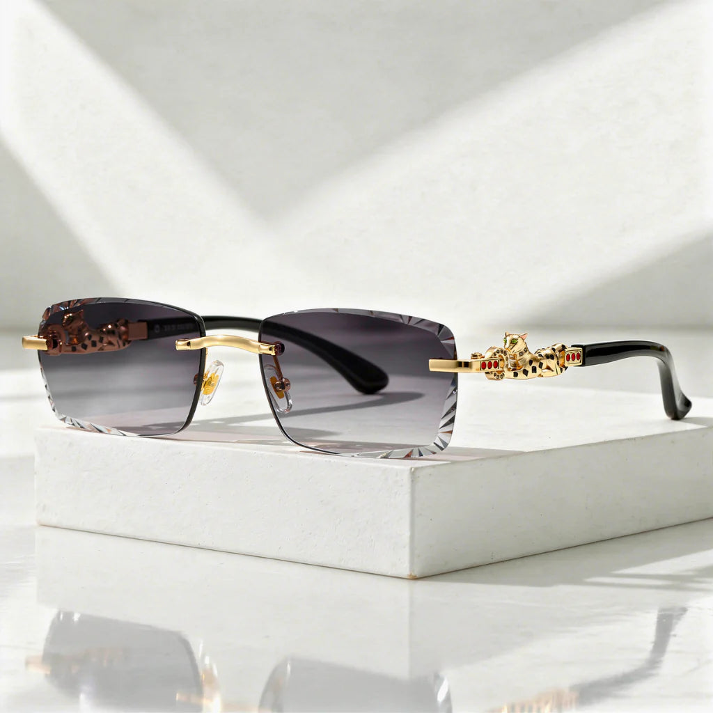 Zonnebril Randloos – Facetglazen met Gouden Panter-detail, UV400