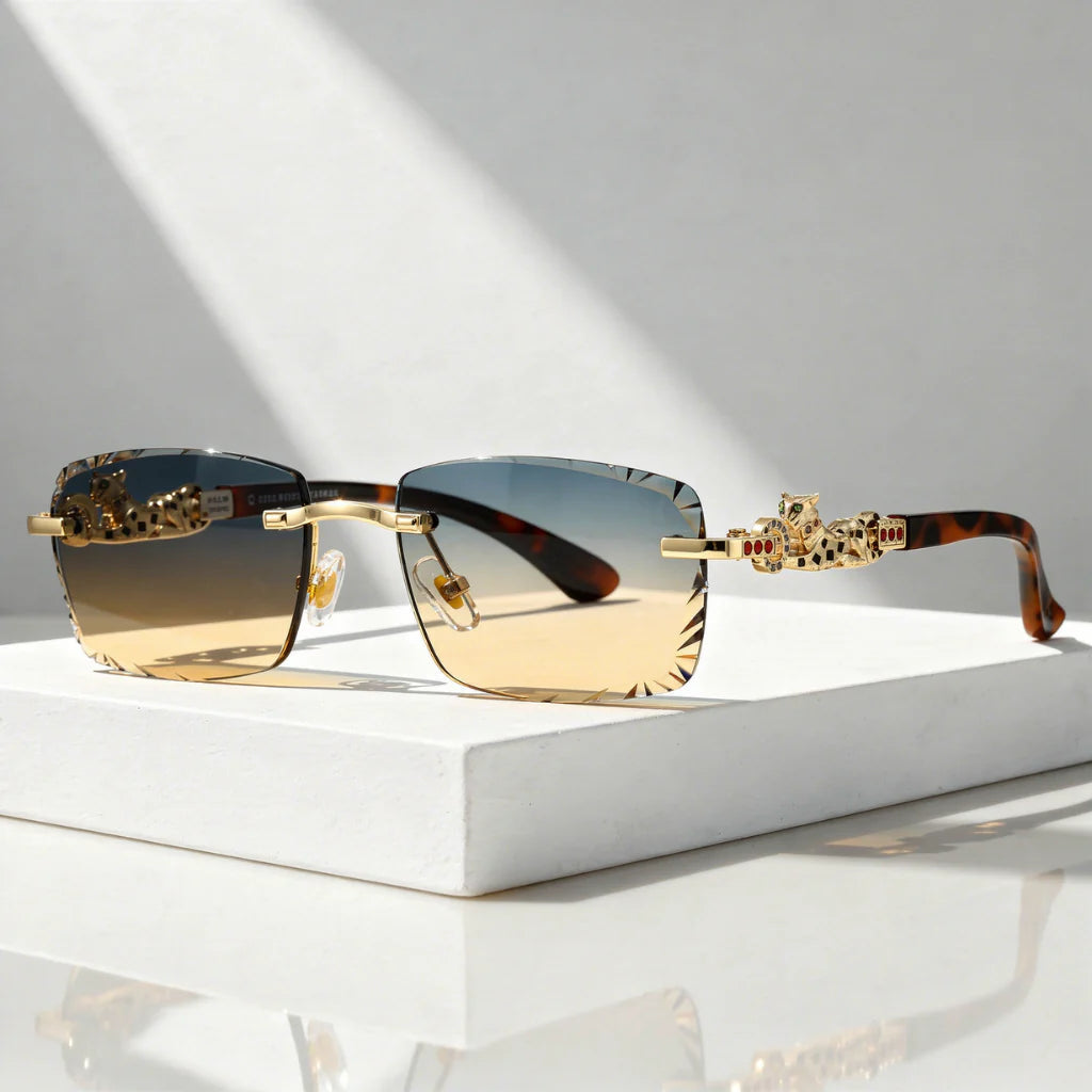 Zonnebril Randloos – Facetglazen met Gouden Panter-detail, UV400