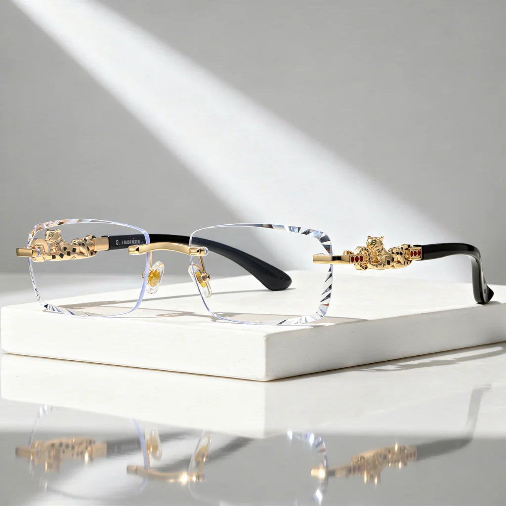 Zonnebril Randloos – Facetglazen met Gouden Panter-detail, UV400