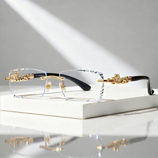 Zonnebril Randloos – Facetglazen met Gouden Panter-detail, UV400